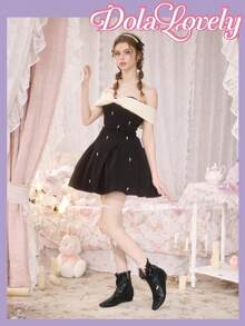 Dola Lovely Giày bốt cổ ngắn mũi vuông đính nơ thời trang hàng ngày đa năng cho nữ - màu đen - Xem 2