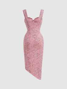 SHEIN MOD Ditsy Floral Print Ruched Split Thigh Cami Pink Floral Lotus Leaf Breast Cup Dress - Baby Pink - View 2