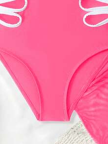 SHEIN 少女优雅黑色镂空连体泳衣，带网纱裙摆，大童两件式泳衣套装，适合度假 - 玫紅色 - 查看 5