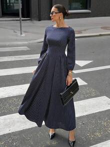 Siren Gaze Women's Boat Neck Lantern Sleeve Ruched Striped Dress Navy Blue Elegant Dress Vertical Stripe Dress Long Sleeve Elegant Dress Elegant Midi Dress Long Sleeve Dress Winter Evening Dress Boat Neck Dress Pinstripe Midi Dress Formal Midi Dress Naval Blue Dress Elegant Long Sleeve Dress Spring - Navy Blue - View 1