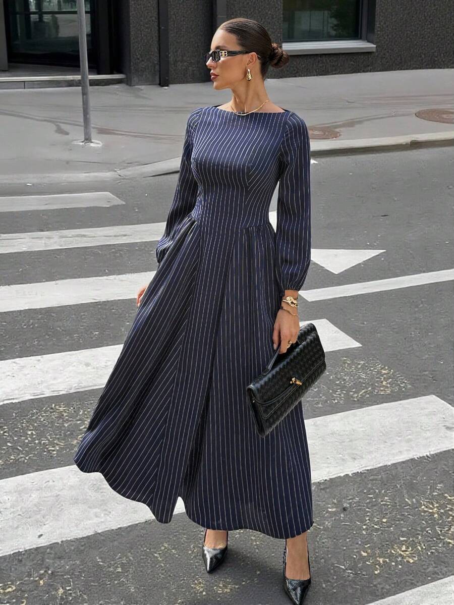 Siren Gaze Women's Boat Neck Lantern Sleeve Ruched Striped Dress Navy Blue Elegant Dress Vertical Stripe Dress Long Sleeve Elegant Dress Elegant Midi Dress Long Sleeve Dress Winter Evening Dress Boat Neck Dress Pinstripe Midi Dress Formal Midi Dress Naval Blue Dress Elegant Long Sleeve Dress Spring - Navy Blue - View 1