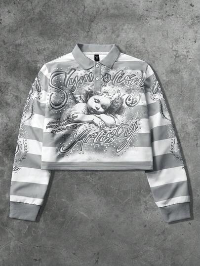 Street Life بلوزة رجالية بسحاب نصفي وأكمام طويلة مطبوعة بخطوط موضة