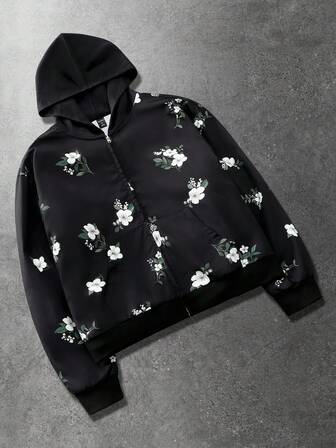 Men's Floral Print Hooded Long Sleeve Jacket
