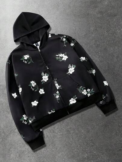 Men's Floral Print Hooded Long Sleeve Jacket