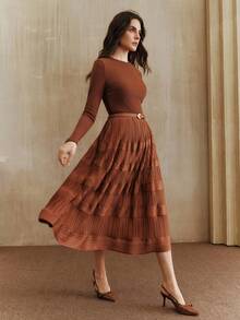 Anewsta Váy nữ thời trang cao cấp mới, kích thước tiêu chuẩn, thiết kế tinh tế, váy xếp ly - màu nâu - Xem 1