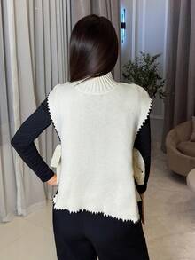 Milla Jasmine Women's Autumn Casual Color Block Trim Side Slit Tie-Up Sweater Vest, Women's Solid Coloured Stand Collar Side Slit Hem Casual Knitted Vest,Loose Fit Casual Side Tie Sweater Vest For Autumn/Winter,Colorblock - Apricot - View 2