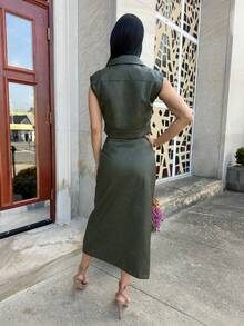 Carolina Barros 2 件套女士秋冬前扣口袋衬衫和 PU 裙子 - 綠色 - 查看 2