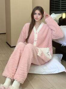 Conjunto de Pijamas de Mujer de Pelo de Coral Rosa con Diseño Cartoon, Pijamas Mujeres, Pijamas de Mujer, Regalo de Navidad - Rosa Pálido - Ver 5