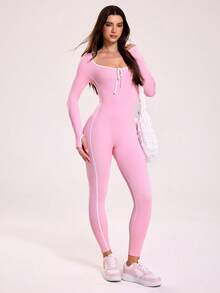 Gameset SHEIN Sport 女式休闲运动撞色修身连体裤 - 粉色 - 查看 6