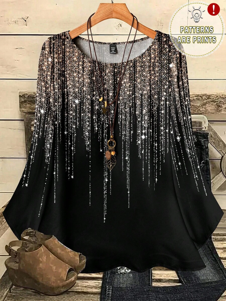 EMERY ROSE Plus Size Women's Casual Elegant Floral Print Loose Fit 3/4 Sleeve Blouse, Black, Suitable For Birthday Party, Evening Event,Flower/Spring/Summer/Vacation - Multicolor - View 1