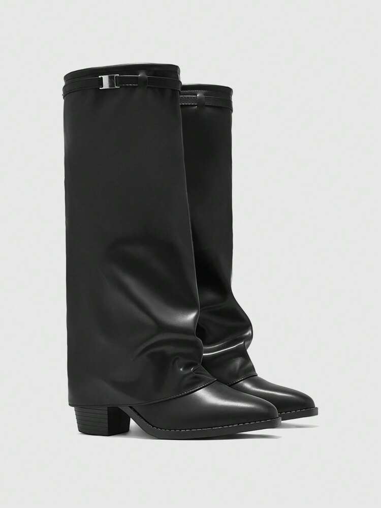 CUCCOO BIZCHIC Women's Fashion Square Toe Thick Heel Black Shaft Wide Calf High Boots, Simple Commuter Thick Heel Tall Boots, Women's Over-The-Knee Boots For Christmas Spring Shoes