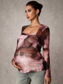 MaterniChic Maternity Elegant Printed Ruched Long Sleeve T-Shirt Maternity Tops Maternity Shirts For Women Pregnancy Shirts Maternity Long Sleeve Top Square Neck Maternity Top Breastfeeding Shirt - Multicolor - View 1