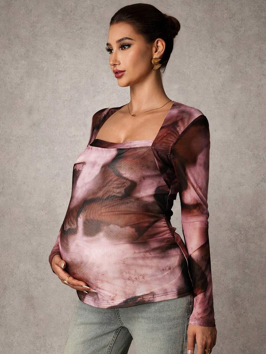 MaterniChic Maternity Elegant Printed Ruched Long Sleeve T-Shirt Maternity Tops Maternity Shirts For Women Pregnancy Shirts Maternity Long Sleeve Top Square Neck Maternity Top Breastfeeding Shirt - Multicolor - View 1