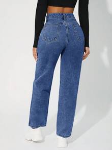 SHEIN PETITE Women's High Waist Pockets Straight Leg Casual Versatile Jeans - Blue - View 2