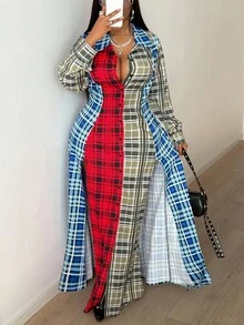 Maweii 大码女式春秋格子休闲翻领纽扣前开衩长袖修身长衬衫裙 - 彩色 - 查看 5