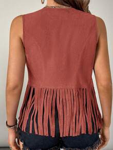 SHEIN VCAY 大码女式波西米亚西部风纯色拼接流苏下摆开襟背心外套，适合夏季和秋冬季穿着 - 西瓜粉 - 查看 2