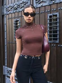 SHEIN Unity Women's Solid Color Short Sleeve Turtleneck Elegant Cropped Top - Brown - View 6