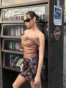 Chiquease Women's Faux Fur & PU Leather Patchwork Bandeau Top, Sexy & Elegant, Autumn/Winter - Brown - View 6