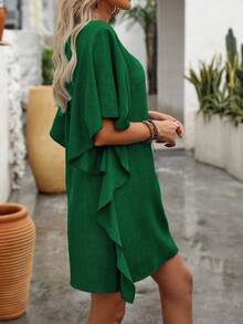 EMERY ROSE Vestido elegante suelto con cuello en V y volantes en el bajo, de unicolor para mujer - Verde - Ver 3