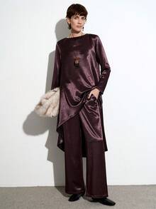 Aalyst Bộ đồ công sở giản dị cao cấp, cổ tròn, tay dài, họa tiết nhăn mềm mại, chất liệu vải satin, sang trọng, sang trọng, dự tiệc Giáng sinh dành cho nữ, phong cách Pháp, sang trọng, tối giản, cao cấp, thường ngày, mùa xuân/thu/đông - Màu Tím - Xem 5