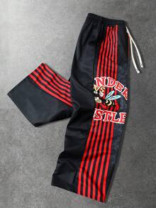 ROMWE MEN Men's Street Graphic Print Sweatpants, Suitable For Spring/Summer Everyday Wear - Black - View 3