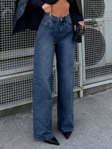 SHEIN Cottnline Women's Solid Color Pocket Casual Straight-Leg Jeans - Dark Wash - View 6