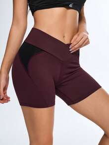 Gameset SHEIN Sport Damen Überlappende Taille Farbblock Yoga Shorts - Bordeaux - Übersicht 5