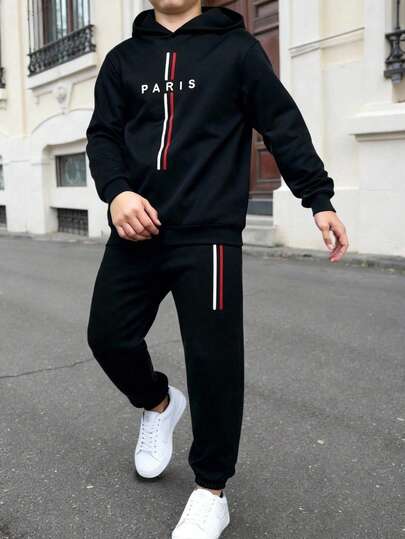 SHEIN 2 st/set för tween-pojkar, casual och mångsidig, Paris-bokstäver, grafisk huvtröja och långbyxor, lämplig för pendling, skolkläder, vardagskläder och sport