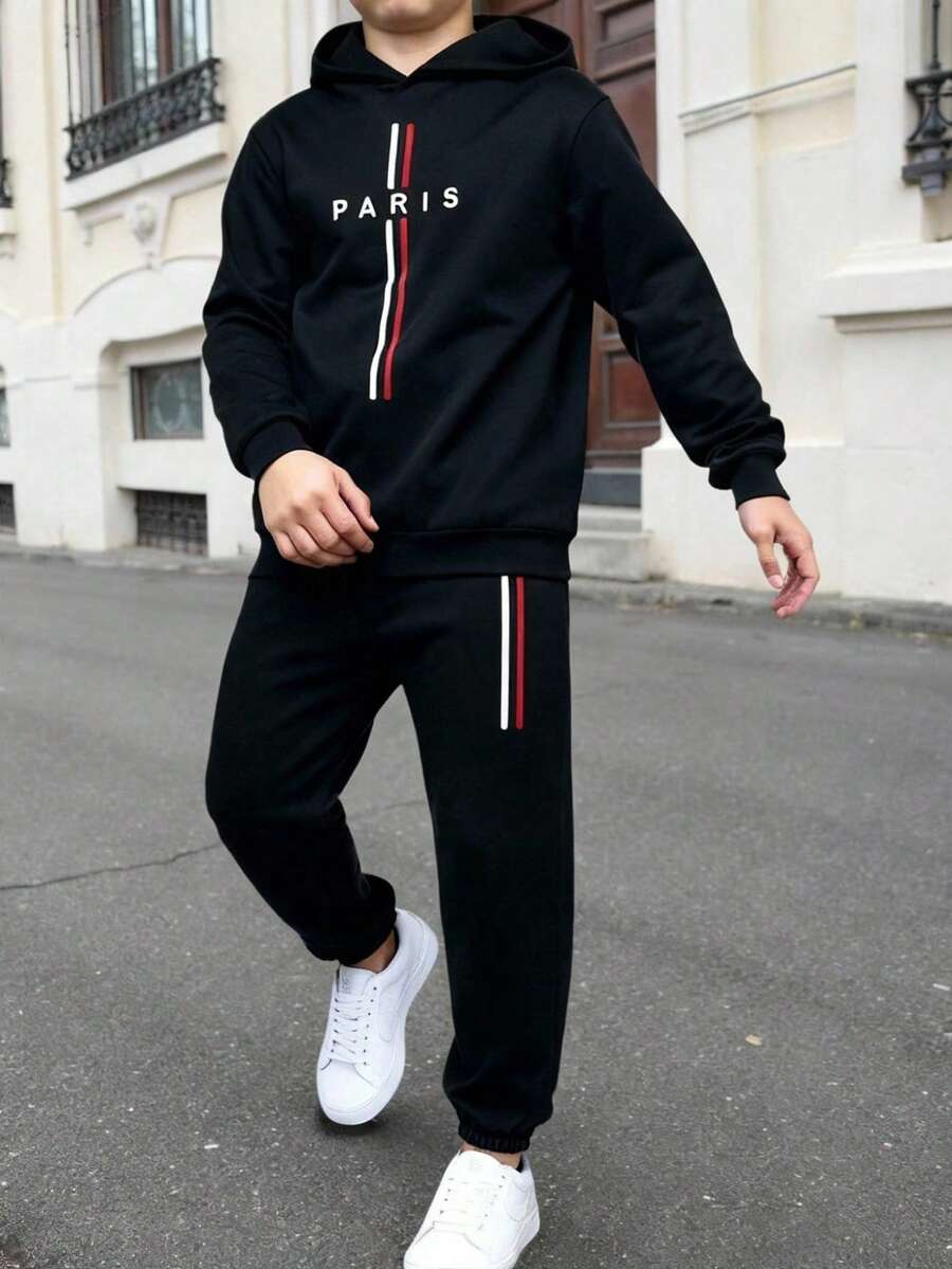 SHEIN 2 件套青少年男孩休闲百搭巴黎字母图案连帽运动衫和长裤套装,适合通勤、校服、日常休闲和运动 - 黑色 - 查看 1