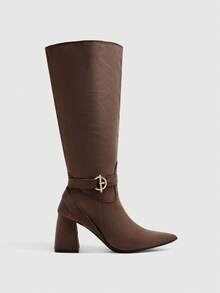 CUCCOO BIZCHIC Botas altas hasta la rodilla con puntera puntiaguda y decoración metálica de moda con tacón alto, aptas para uso diario - Café integral - Ver 2