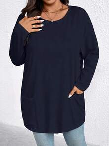 EMERY ROSE Women's Casual Loose Daily Simple Solid Color Round Neck Plus Size T-Shirt Fall - Blue - View 3