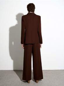 Aalyst 女士优雅法式V领西装外套搭配宽松阔腿裤，适合通勤、度假、下午茶、浪漫场合。 - 咖啡棕 - 查看 3