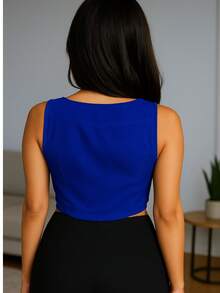 AURELÉ Blusa top mujer con botones estilo perla y escote cuadrado, ajuste cómodo y tela ligeramente elástica - perfecta para oficina, reuniones, cenas, Navidad, Año Nuevo y temporadas otoño-primavera - unitalla XS-M - color o modelo con posibles variaciones leves por lote, imágenes ilustrativas. - Azul Rey - Ver 3