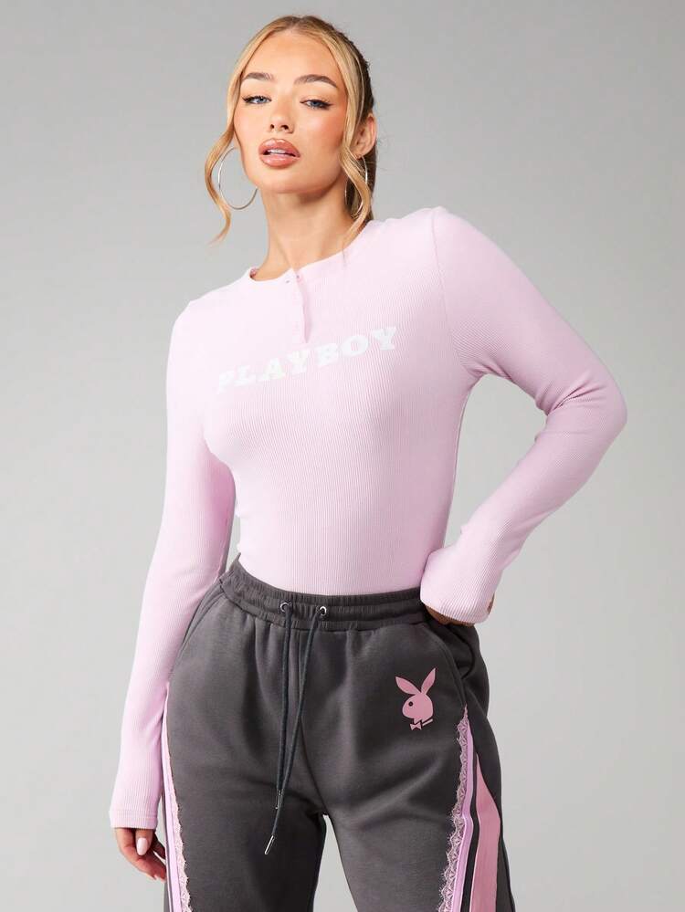 Missguided x Playboy Ribbed Long Sleeve Henley Bodysuit With Button Front Closure Perfect For Casual Everyday Wear And Layering