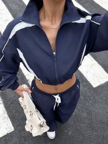 Muchica Women's Casual Sporty Color Block Zip-Up Jacket And Pants Set For Going Out Outfits, Back To School, Streetwear - Royal Blue - View 1