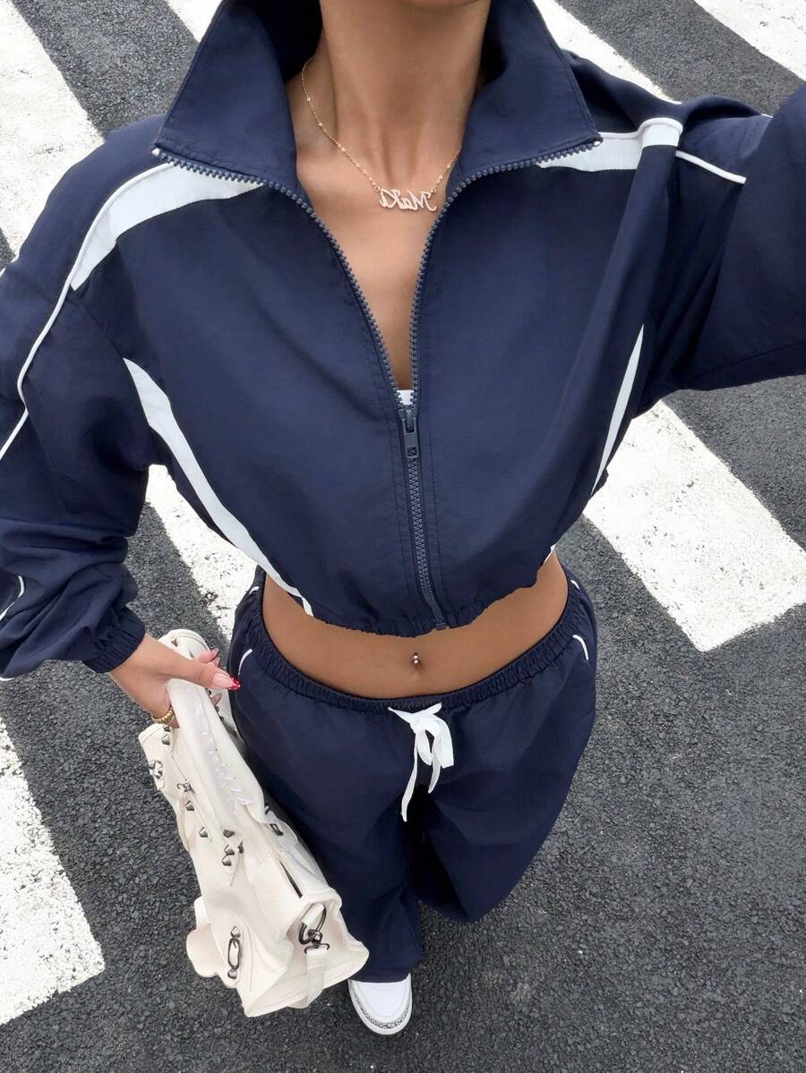 Muchica Women's Casual Sporty Color Block Zip-Up Jacket And Pants Set For Going Out Outfits, Back To School, Streetwear - Royal Blue - View 1