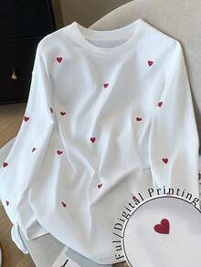 SHEIN Áo thun dáng rộng cỡ lớn in hình trái tim lãng mạn cho ngày lễ tình nhân - trắng - Xem 1