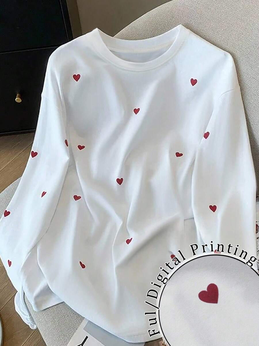 SHEIN Áo thun dáng rộng cỡ lớn in hình trái tim lãng mạn cho ngày lễ tình nhân - trắng - Xem 1