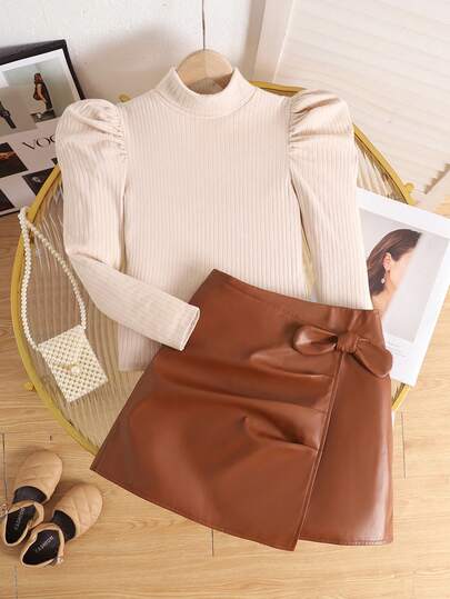 SHEIN Conjunto de blusa de cuello redondo de manga larga de punto informal y falda para niñas preadolescentes