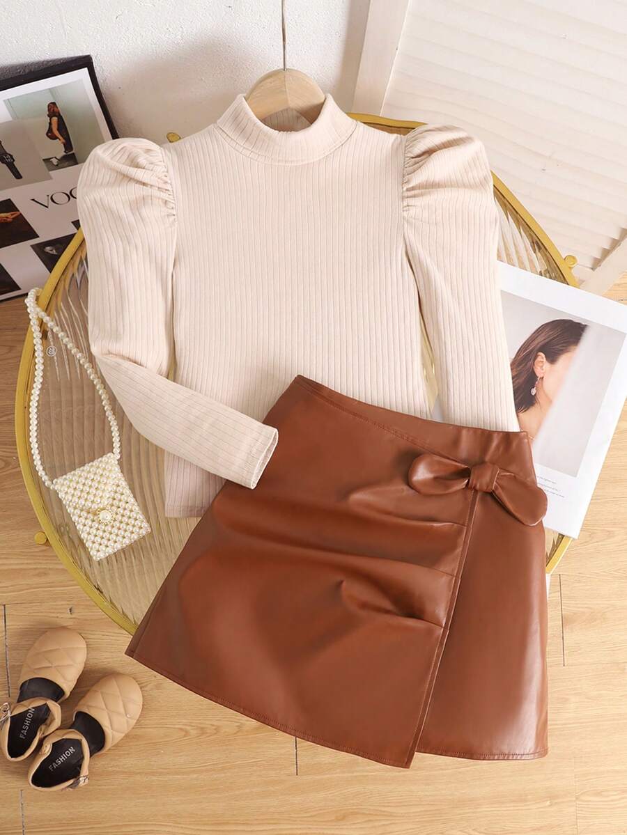 SHEIN Conjunto de blusa de cuello redondo de manga larga de punto informal y falda para niñas preadolescentes - Multicolor - Ver 1