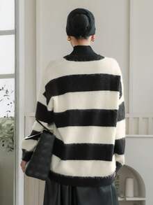 DAZY كنزة صوفية كاجوال بأكمام طويلة وياقة طاقم فضفاضة بتصميم شريطي متباين، لموسم الخريف/الشتاء للنساء