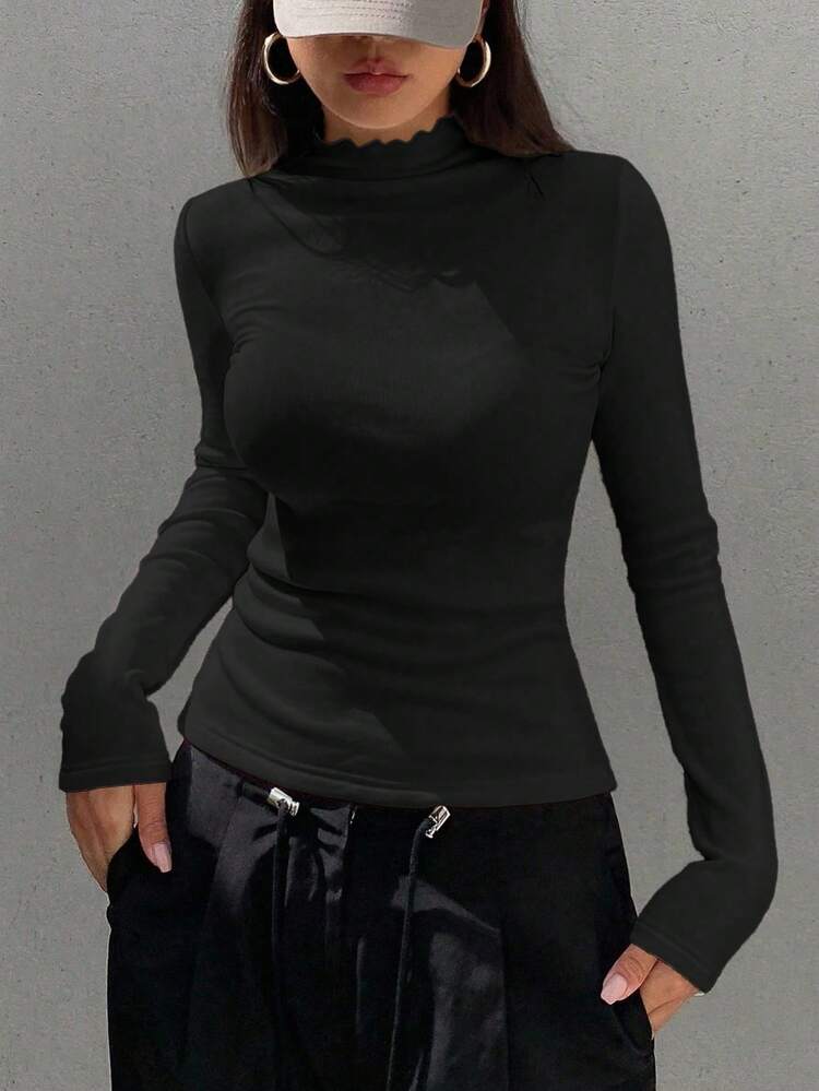 Women's Solid Color Stand Collar Long Sleeve Casual Slim Fit Thermal Lined Thick T-Shirt, Autumn