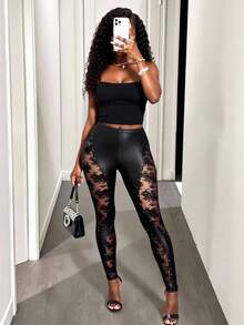 BamGleam Modische sexy Punk Nieten & Spitze Patchwork Skinny Hose