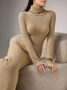 Heiryn Váy len dệt kim dáng ôm thanh lịch, tay dài cổ lọ màu trơn dành cho nữ, mùa thu/đông - Màu Khaki - Xem 1