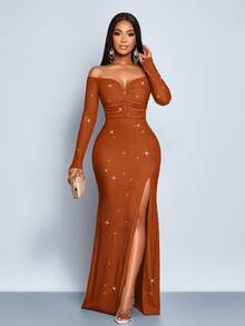 SOLERSUN Women's Fashionable Elegant V-Neck Off Shoulder Mermaid Hem Cocktail Party Night Club Bodycon Sexy Dress, Suitable For Christmas Party Vacation & Dating - Rust Brown - View 5