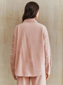 Anewsta Fashionable & Elegant Rhinestone Embellished Long Denim Shirt Blouse, Suitable For Valentine's Day Party, Spring/Autumn