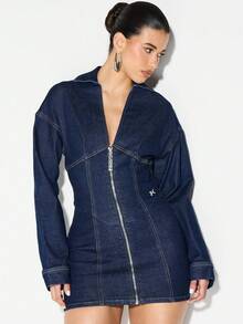 KIZN Long Sleeve Dark Indigo Zip Front Mini Denim Dress With Contrast Stitching For Casual Party Occasions - Dark Wash - View 5
