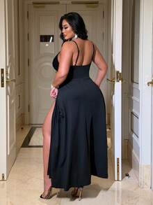 NU&NOW 加大码性感蕾丝露背V领时尚优雅连衣裙，红色，适合圣诞派对 - 黑色 - 查看 7