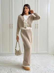 SHEIN Tall 2件套多色蝴蝶结休闲基本款针织套装，秋冬 - 卡其色 - 查看 3