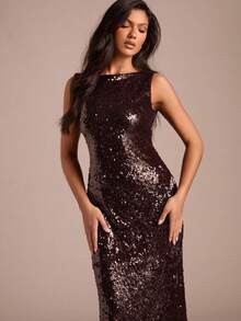 Enchnt Váy ôm sát xẻ tà không tay màu trơn sequin dành cho nữ, dự tiệc/tiệc tối - màu nâu - Xem 7